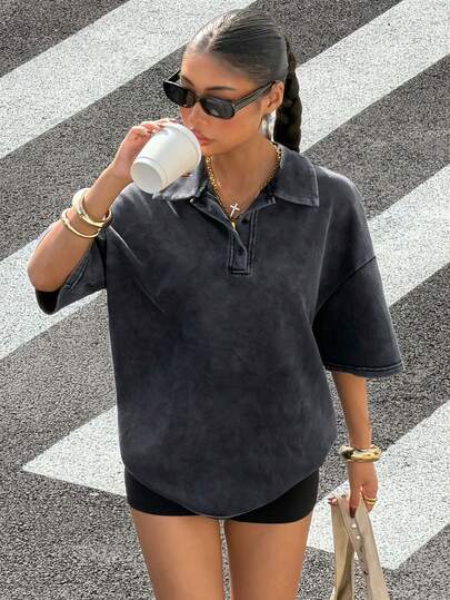 Muchica Camiseta de mujer de manga corta con cuello polo, estilo vintage lavado con estampado de copos de nieve, holgada