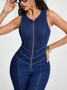 Jeanoix Women's Backless Zipper Design Fitted Denim Flare Jumpsuit, Suitable For Daily Wear - Dark Wash - View 7