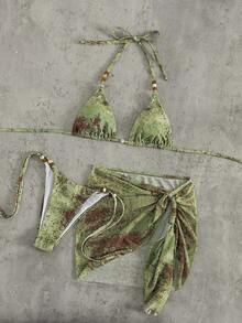 Swim Vcay 3pcs/Set Green Micro Triangle Beaded Ruched Mini Skirt, Casual Beach Vacation Bikini Swimsuit, Spring/Summer - Green - View 5