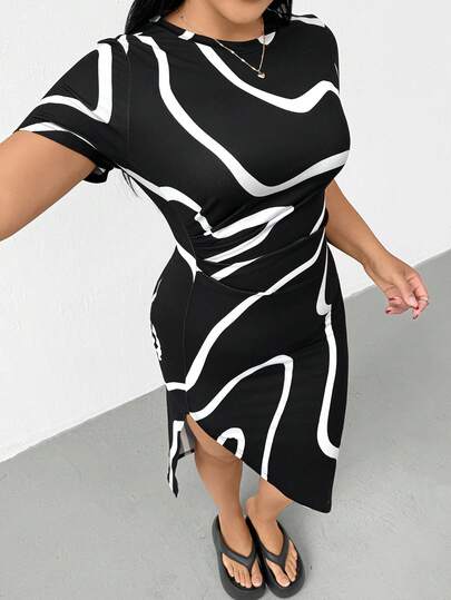 Shapeblank Plus-Size Women's Spring/Summer Fashionable Casual High-Elasticity Comfortable Everyday Black And White Geometric Print Short-Sleeved Slim-Fit Dress,Summer Outfits,Bodycon,Curve Dress,Vacation Clothes