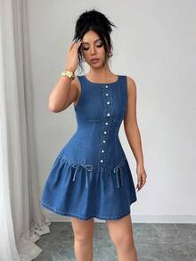 Elenzga Women's Slimming Bowknot Sweet Blue Washed Denim Dress Spring  Summer  Elegant - Medium Wash - View 3