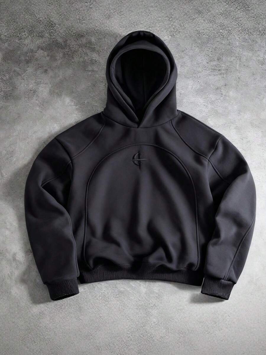 PAVTROS 男士休闲双帽拼接连帽衫，街头风，宽松版型，印花图案，情侣装，朋友装，表达爱意，街头风格，情侣款，结构设计，刺绣图案，双层帽子 - 深灰色 - 查看 1