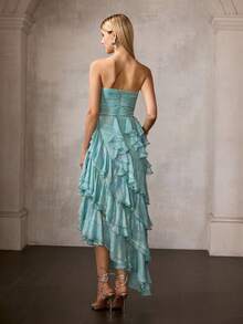 MOTF Soiréza WOMEN'S ELEGANT STRAPLESS MAXI PARTY GOWN – CHEST RUCHING, ASYMMETRIC TIERED RUFFLE HEM & FORM-FITTING SILHOUETTE DRESS, PERFECT FOR WEDDINGS, GALAS & COCKTAIL EVENINGS - Cadet Blue - View 3