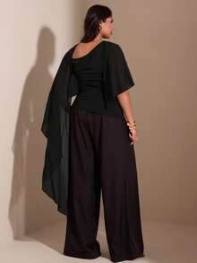 SHEIN BAE Plus Size Elegant Asymmetric Shoulder Tie Design Fitted Slim Top - Black - View 2