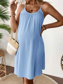 SHEIN Maternity Solid Color Ruched Casual Cami Dress - Blue - View 6