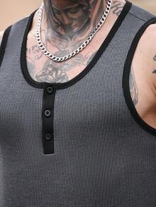 Manfinity CasualCool Men's Sleeveless Tank Top, Button Half-Placket, Slim Fit, Black & Grey Striped Jacquard Tank Top - Dark Grey - View 4