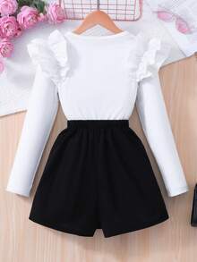 Tween Girl Solid Color Ruffle Trim Long Sleeve T-Shirt + Beaded Decor Skirt Shorts Set - White - View 2