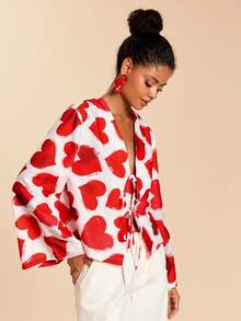 Travachic Women Boho Red White Heart Print Shawl Collar Long Sleeve Knot Front Blouse - Red and White - View 3