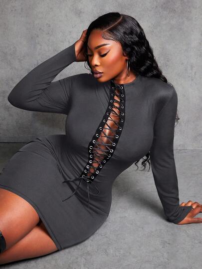 SHEIN SXY Plus Size Women's Spring/Summer Sexy Casual Metal Eyelet + Criss-Cross Lace-Up Design Street Punk Style Bodycon Long Sleeve Mini Dress, Suitable For Halloween, Street Style, Outings, Hip-Hop Parties, Clubs