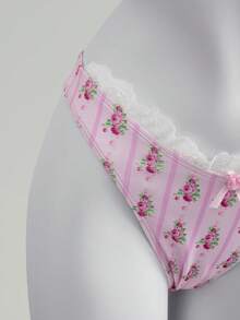 Elamini 3pcs Women's Floral & Striped Print Bikini Set With White Lace Trim, Paired With High Waist Ruffle Swimsuit, Summer