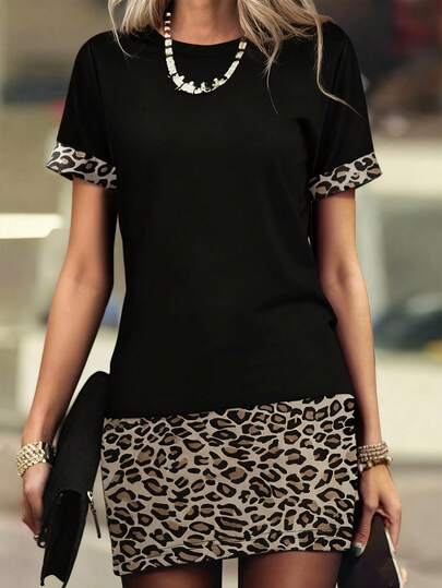 EMERY ROSE Women's Leopard Print Patchwork Round Neck Short Sleeve Casual Mini Dress