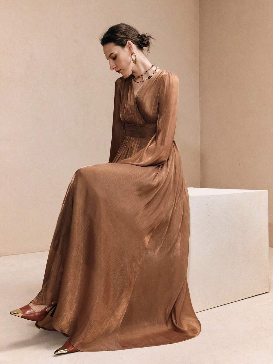 Arave Elegant French V-Neck Flare Sleeve Dress - Brown - View 1