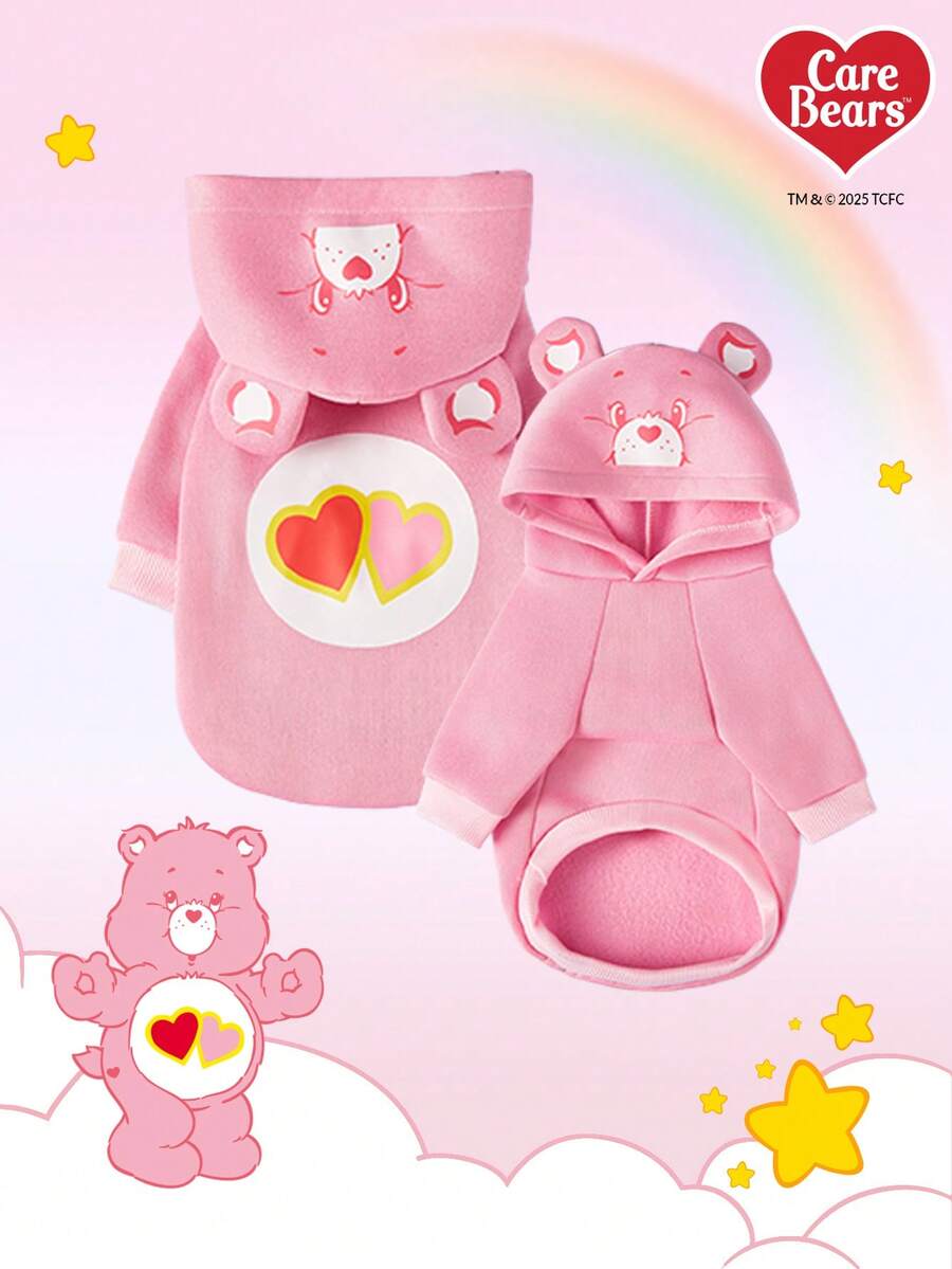 Care Bears X PETSIN 1件 Love-A-Lot 小熊宠物猫狗通用连帽衫，可爱印花 3D 耳朵装饰，粉色舒适狗狗连帽衫 - 粉色 - 查看 1