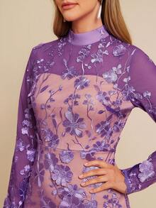 Amorya 女士紫色网纱刺绣收腰优雅迷你连衣裙，修身剪裁，适合日常穿着、约会、秋冬季及早春穿着。 - 紫色 - 查看 4