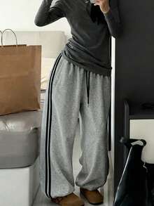 INAWLY Women's Grey & Black Striped Drawstring Waist Pockets Sweatpants - Grey - View 3
