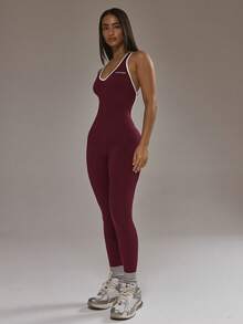 Musera Sport Contrast Trim Plunge Fitted Jumpsuit Padel Autumn Fall Winter Activewear Sport Gym Workout - Burgundy - View 3