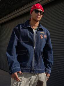 DAZY Men's Denim Jacket With Embroidered Lettering Pattern, Navy Blue, Suitable For Spring And Autumn - Blue - View 1