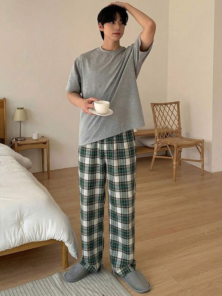 Men's Spring Plaid Green Elastic Waist Lounge Pants