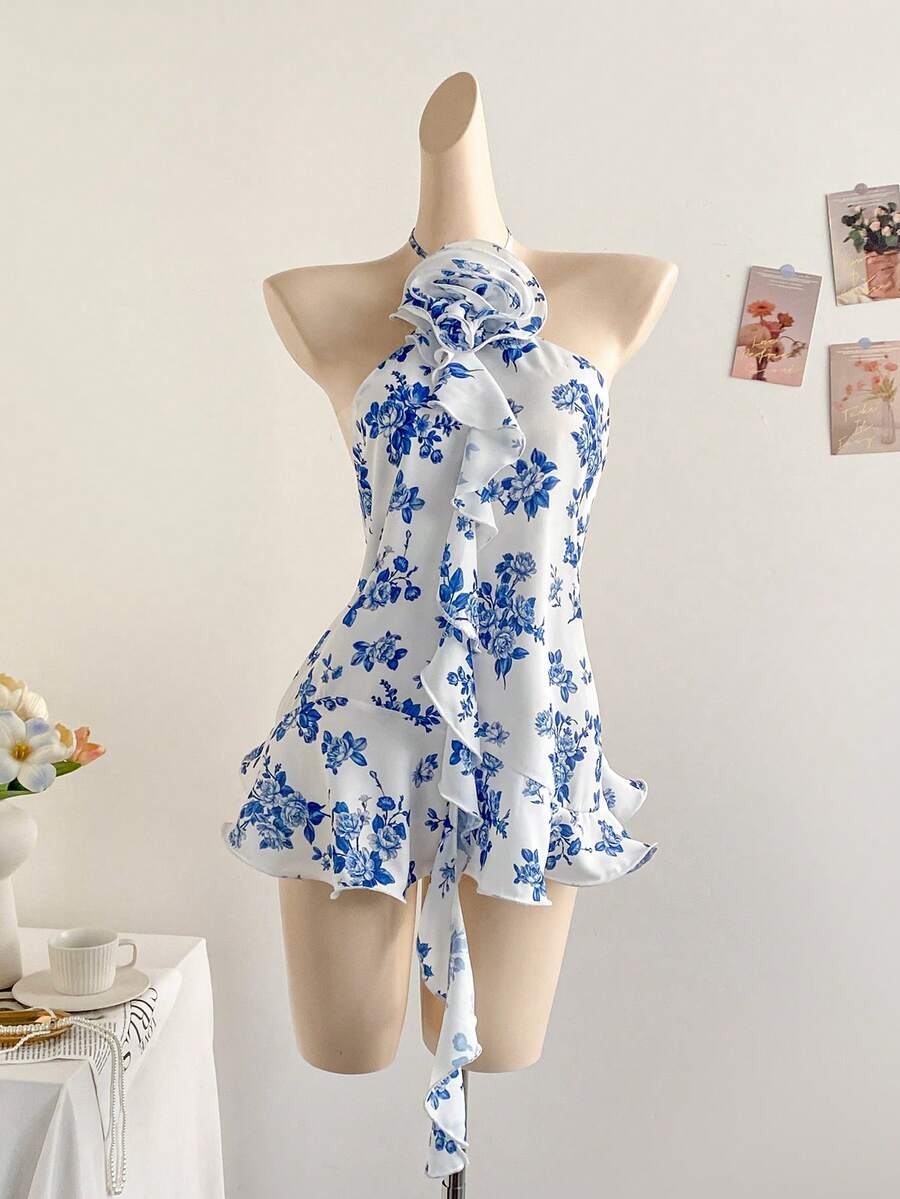 Soleia Áo kiểu Bohemian Boho cổ yếm hở lưng in hoa lãng mạn, xếp ly, thích hợp cho nữ, mùa xuân/hè. - Màu xanh lam - Xem 1