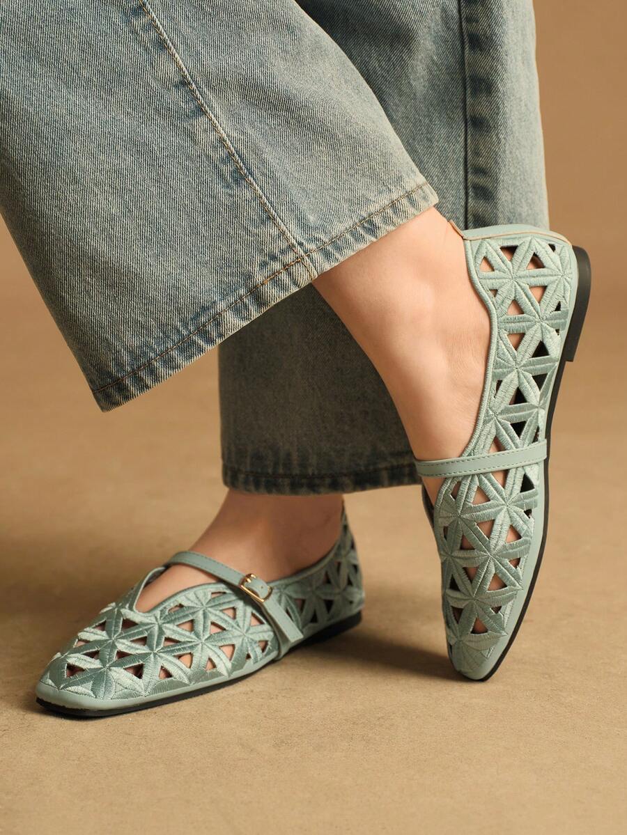 Rosivie 优雅镂空平底女鞋，时尚舒适，法式方头设计，尽显优雅气质 - 綠色 - 查看 1