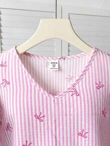 SHEIN Tween Girls' Casual V-Neck Bow Tie Print Cap Sleeve Blouse Summer Outfits - Pink - View 3