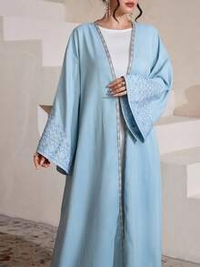 Al Najma Solid Color Round Neck Loose Luxurious Elegant Jacket With Floral Embroidery - Baby Blue - View 7