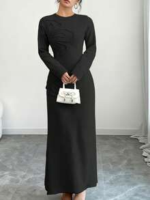 Selianne Plus Size Women Elegant Floral Pattern Waist Cinched Sweater Dress, Versatile For Autumn/Winter - Black - View 4