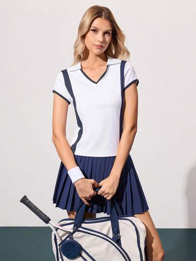 CourtClass 女士撞色V领Polo衫，短袖运动休闲网球衫，适合日常穿着