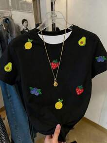 Resyla 女士水果刺绣圆领黑色休闲短袖T恤 - 彩色 - 查看 3