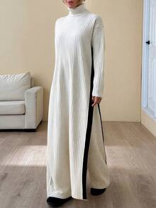 EURMUSE Women Contrast Color Detailed Slit High Neck Long Sweater Dress & Sweater Pants Set - Beige - View 3