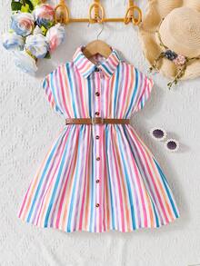 Elladie kids Đầm sơ mi dáng rộng, vai rớt, kẻ sọc nhiều màu sắc, cổ bẻ, cài cúc phía trước dành cho bé gái, kèm thắt lưng thời trang, thích hợp cho mặc hàng ngày hoặc thoải mái trong các kỳ nghỉ. - Nhiều màu - Xem 5