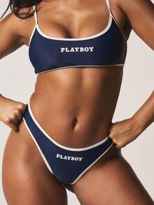Missguided x Playboy 吊带图案比基尼套装，饰有对比鲜明的白色滚边和品牌标志印花细节，夏季沙滩两件式泳衣 - 藍色 - 查看 3