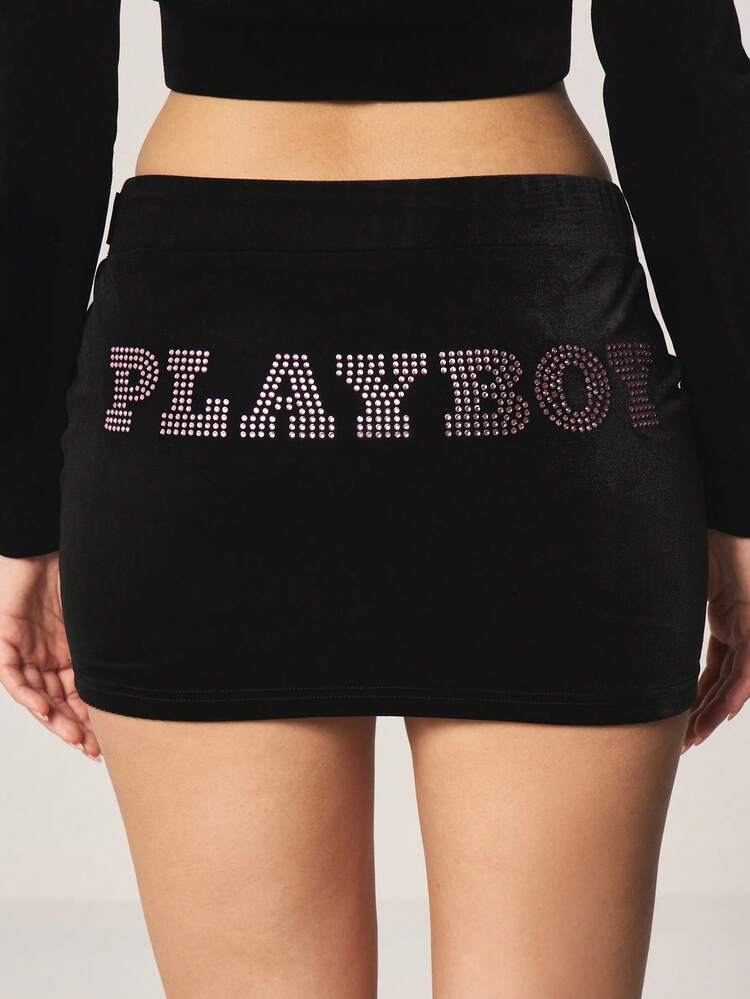 Missguided x Playboy Rhinestone Embellished Fitted Velvet Mini Skirt With Studded Letter Text Design For Night Out