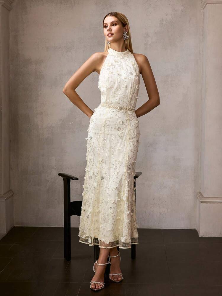 MOTF Soiréza VESTIDO DE CÓCTEL DE FIESTA CON APLIQUES Y BAJO DE COLA DE SIRENA PARA MUJER, PRIMAVERA/VERANO - Champán - Añade 6