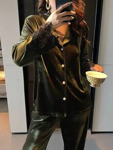 DAZY 2pcs Women Lace Patchwork Loose Cardigan Long Sleeve & Pants Pajama Set - Army Green - View 6