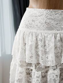 Bellisia Áo khoác ngoài mùa hè cho nữ, màu trơn, chất liệu ren, xếp lớp, buộc dây bên hông, có chân váy xếp tầng. - trắng - Xem 6