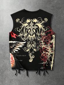 ROMWE MEN 男士无袖背心，街头风暗黑美式天使孩童荆棘印花做旧背心 - 黑色 - 查看 4