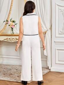Tween Girl Elegant Colorblock Trim Lapel Sleeveless Shirt & Pants Set For Formal Occasions And Weddings, Tween Girl - Black and White - View 2