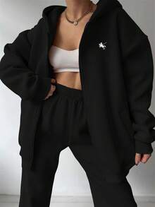 INAWLY 2pcs Casual Loose Hooded Graphic Print Long Sleeve Sweatshirt Jacket & Drawstring Waist Loose Pants Set - Black - View 3