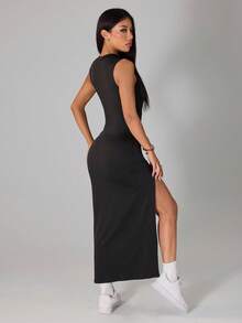 SHEIN PETITE Đầm xẻ tà thanh lịch, thoải mái dành cho nữ, nhẹ nhàng, thích hợp cho mùa hè. - màu đen - Xem 2