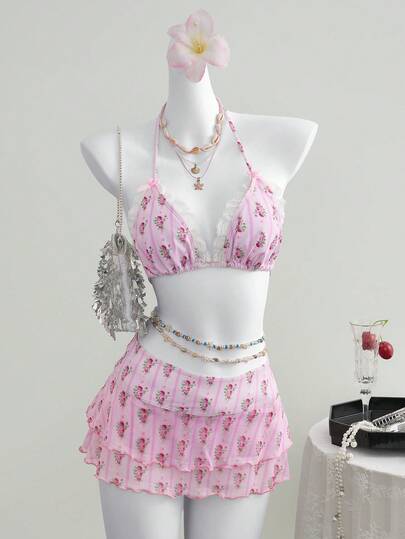 Elamini 3件套女士花卉条纹印花比基尼套装，配白色蕾丝边，搭配高腰荷叶边泳衣，夏季