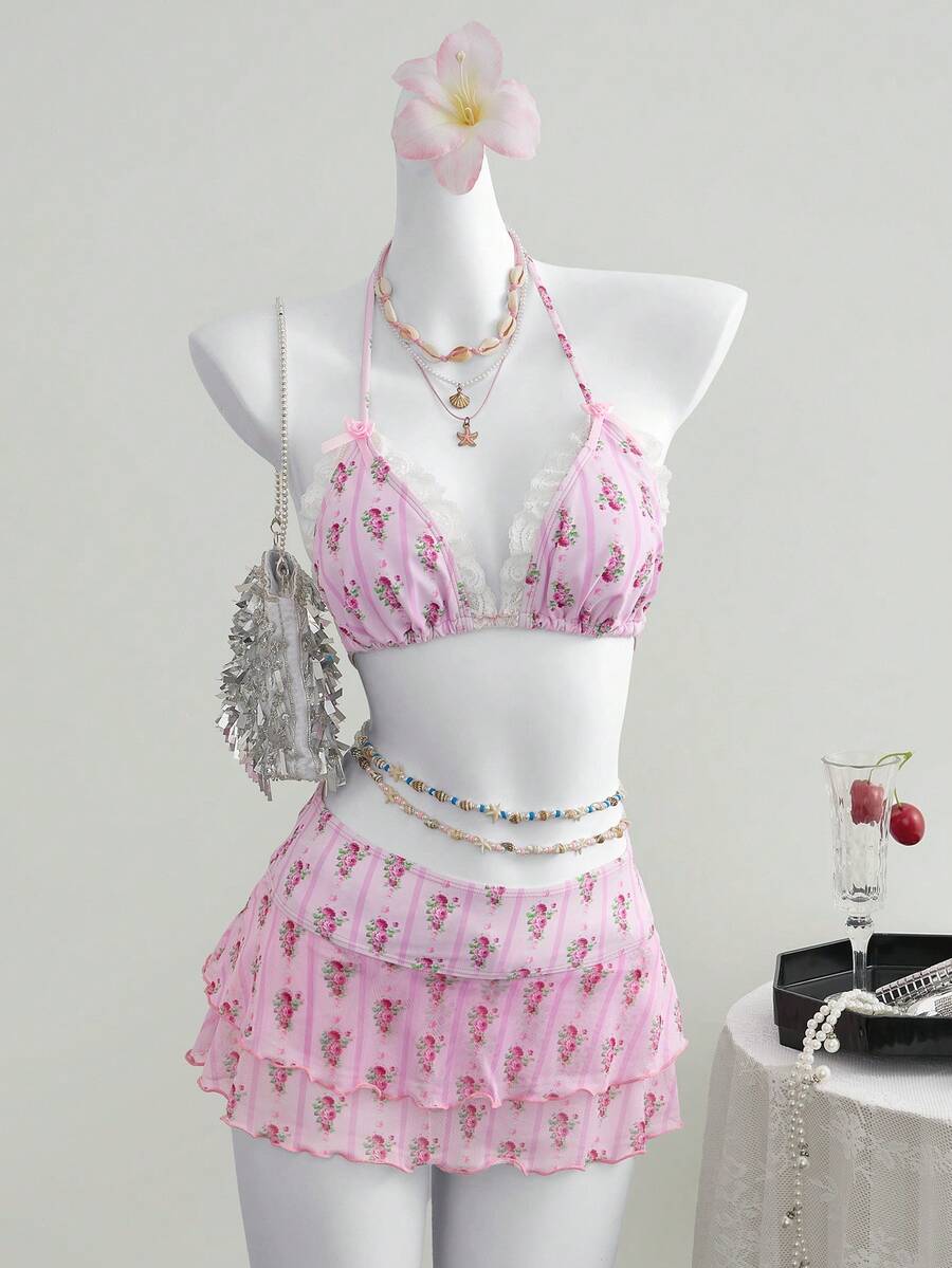 Elamini 3pcs Women's Floral & Striped Print Bikini Set With White Lace Trim, Paired With High Waist Ruffle Swimsuit, Summer