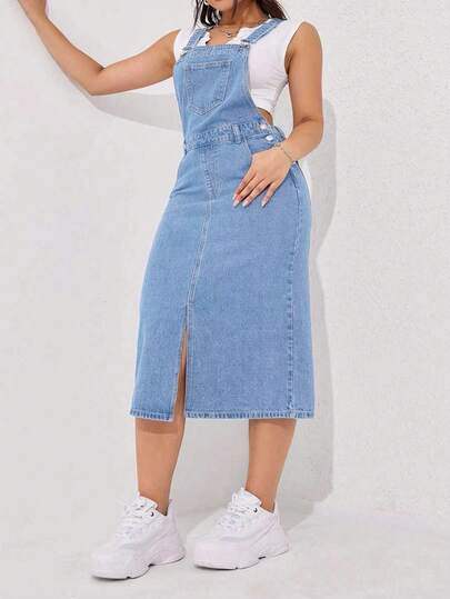 Flexra Plus Size Casual Washed Denim Jumper Dress