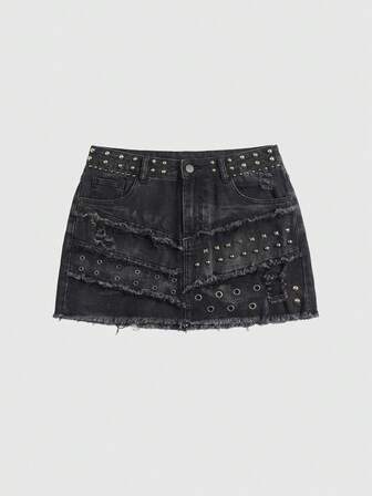 J-Fashion Minifalda de mezclilla ajustada con decoración de perlas, tachuelas y desgaste vintage subcultura Y2K para mujer