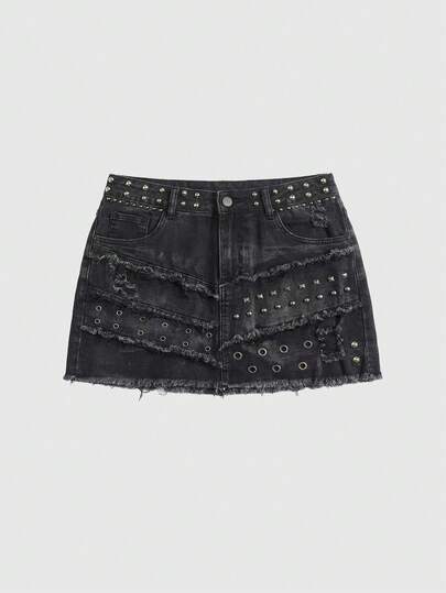J-Fashion Jupe mini en jean moulante femme, style vintage Y2K, subculture, déchirée, cloutée, avec décoration de perles