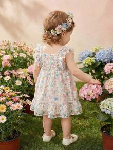 SHEIN 女婴甜美碎花刺绣荷叶边下摆短袖连衣裙，适合婚礼、生日派对、户外活动、度假、聚会等场合。 - 彩色 - 查看 4