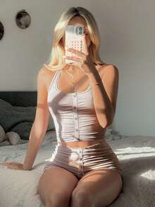 DAZY 女士褶皱吊带背心和短裤睡衣套装