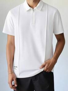 SHEIN 青少年男孩白色简约廓形褶皱细节 Polo 衫，休闲、学院风、舒适、时尚、百搭、面料柔软，适合日常穿着、上学、郊游、返校季、正式场合、派对 - 白色 - 查看 2