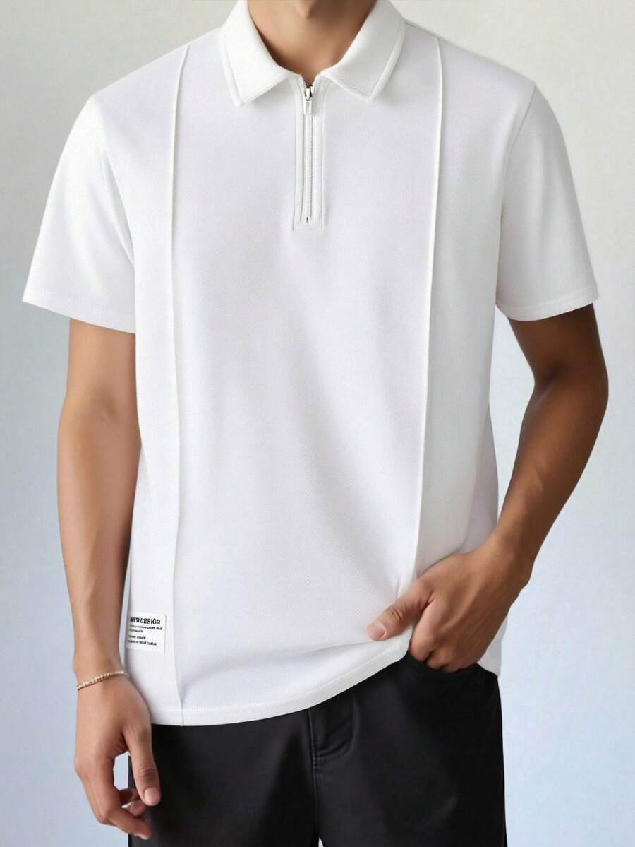 SHEIN 青少年男孩白色简约廓形褶皱细节 Polo 衫，休闲、学院风、舒适、时尚、百搭、面料柔软，适合日常穿着、上学、郊游、返校季、正式场合、派对