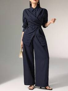 SHEIN Tall CURVE 大码休闲通勤条纹衬衫和裤子两件套，女式连体裤，藏蓝色连体裤，女士连体裤，女士工作连体裤 - 彩色 - 查看 4